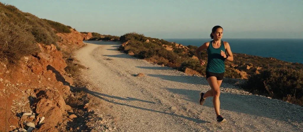 Atleta española de apariencia europea corre por un sendero mediterráneo, simbolizando esfuerzo y deporte.
