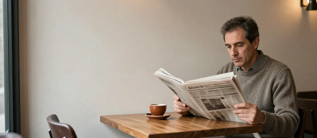 Hombre leyendo prensa en un café, representando el análisis crítico de la actualidad informativa.