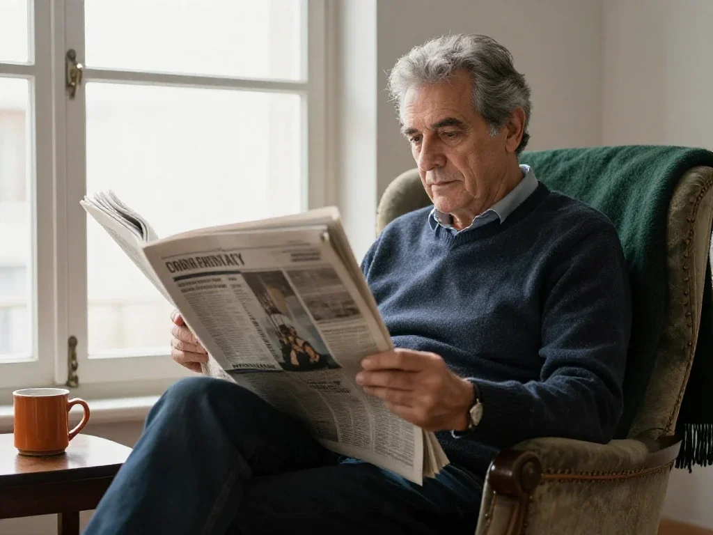 Lector de mediana edad leyendo un periódico frente a una ventana en un ambiente sereno.