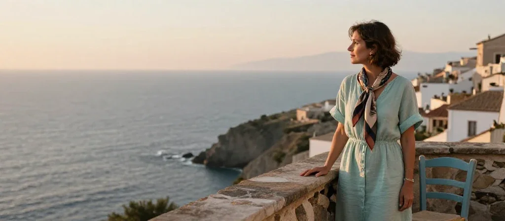 Una mujer española disfruta de las vistas costeras desde un balcón mediterráneo al atardecer.